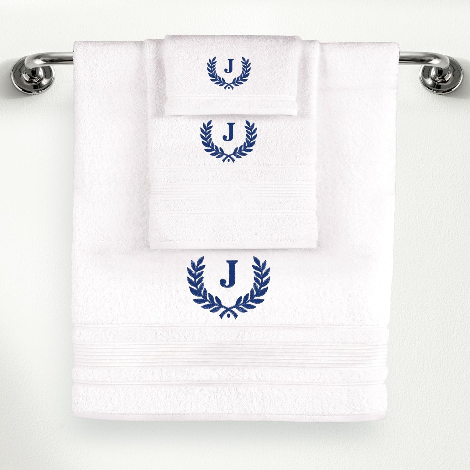 Ephesos Custom Monogrammed Towel Set - 3 Piece Wheat Design with J in Blue