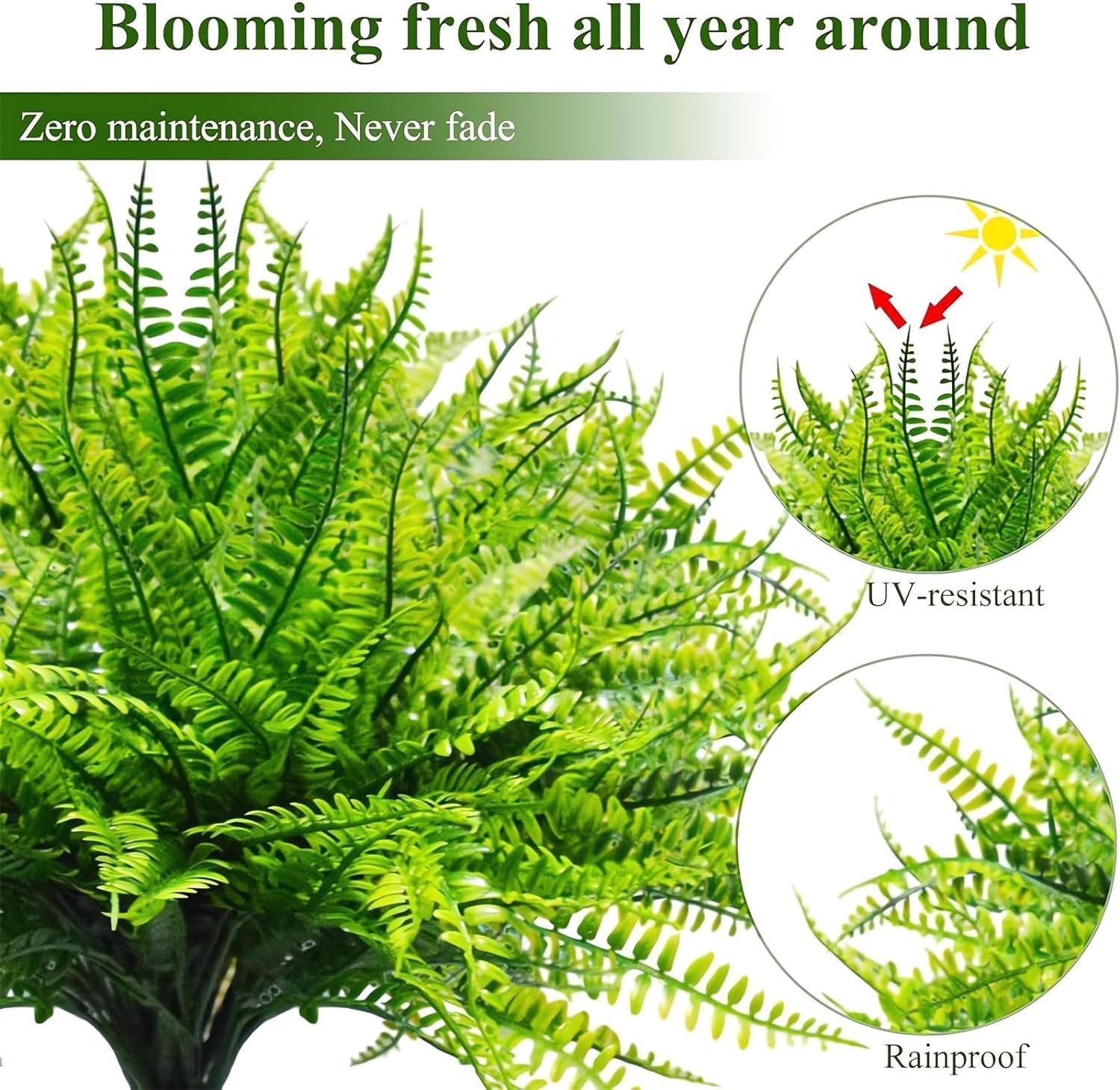 RJDJ UV Resistant Artificial Boston Fern 24 Leaves 1PCS