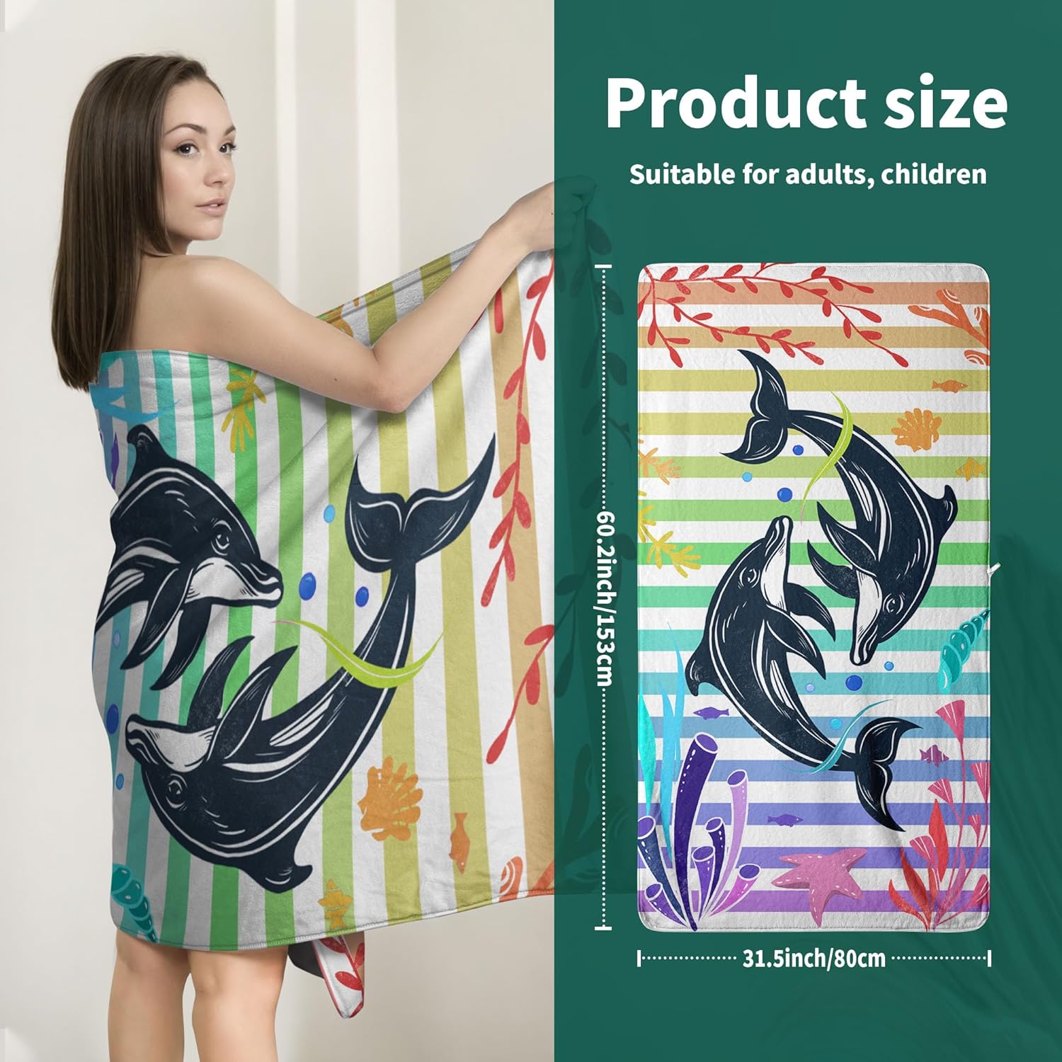 Colorful Stripes Cartoon Dolphin Microfiber Bath Towel