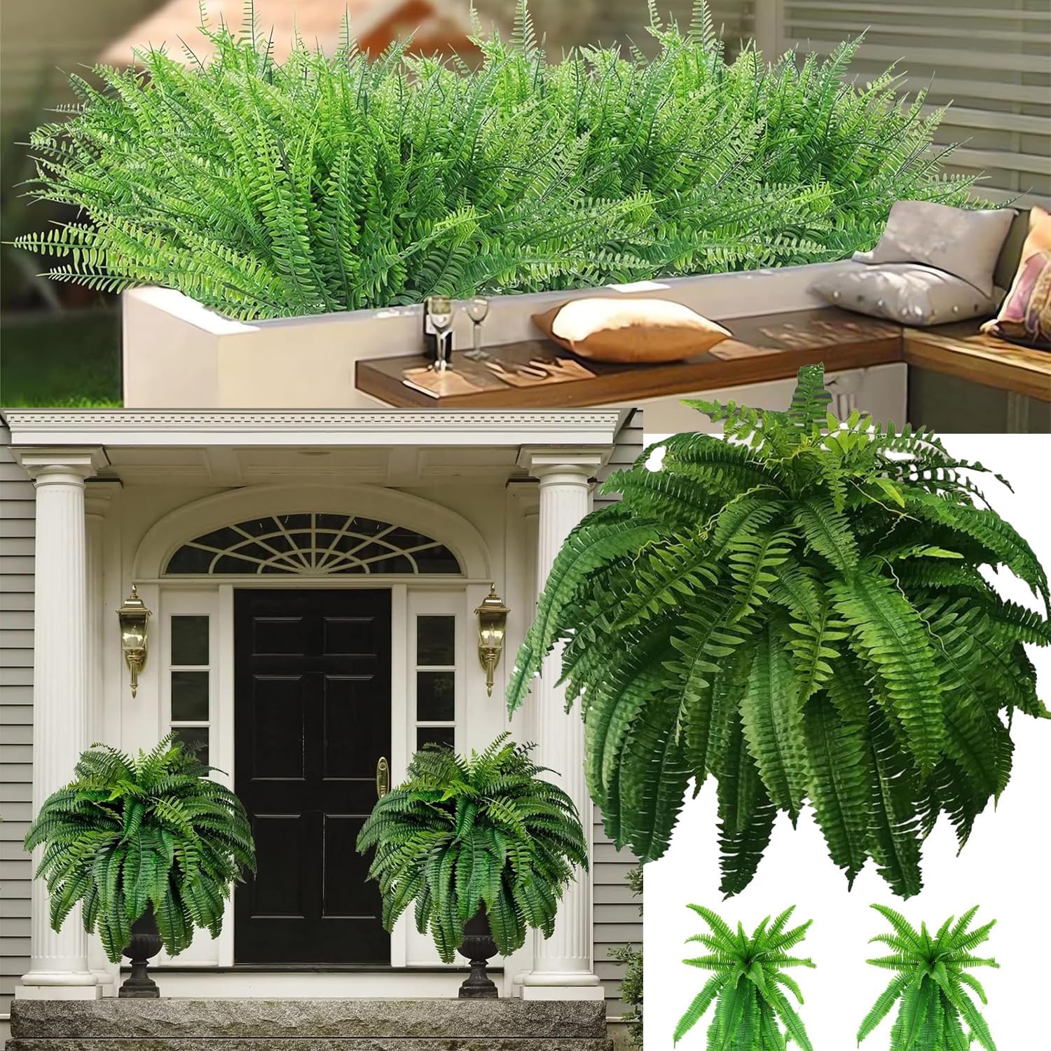 RJDJ UV Resistant Artificial Boston Fern 24 Leaves 1PCS