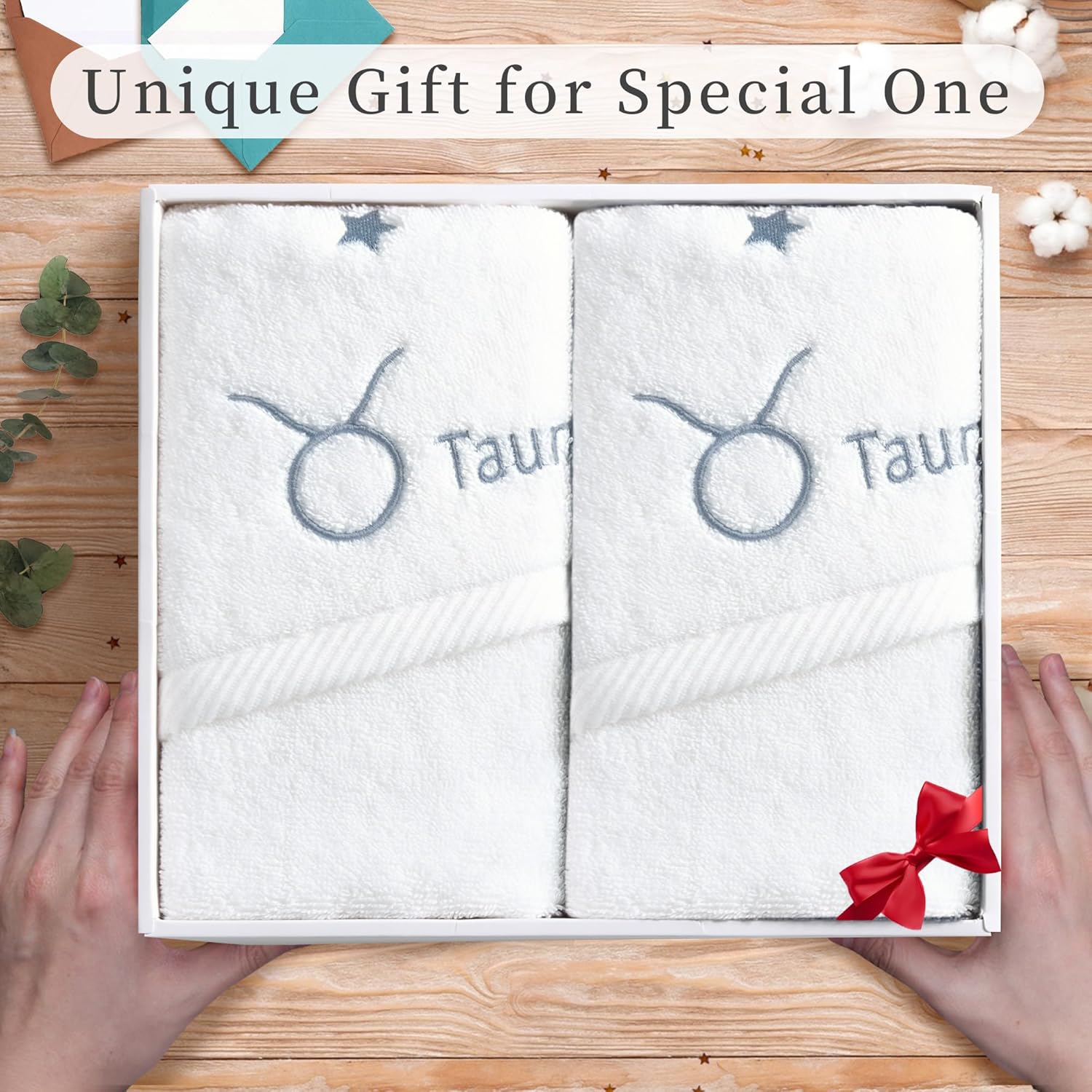 Monogrammed Bath Towels - Zodiac Taurus Design 2PC Set Ivory