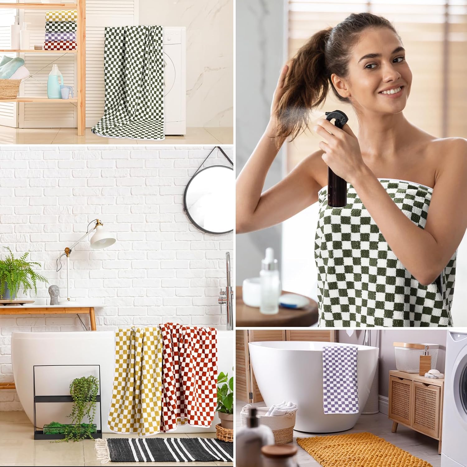 Peryiter 4 Pcs Checkered Bath Towel Set