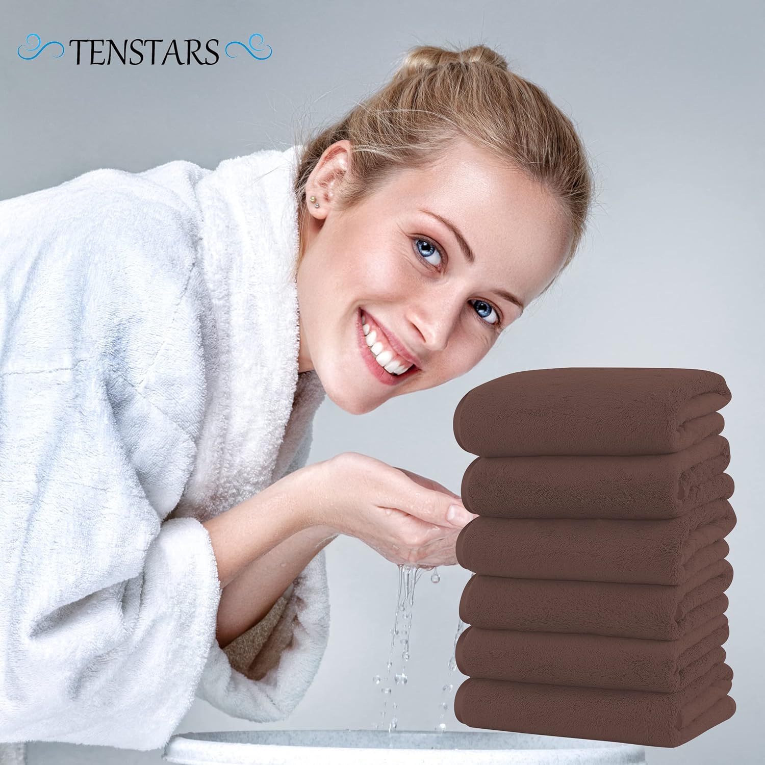 TENSTARS Silk Hemmed Microfiber Bath Towels - 16x28 Inch Set of 6