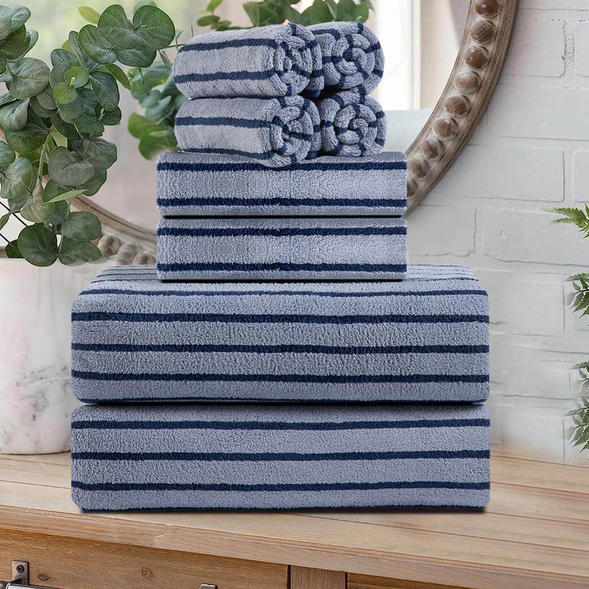 Oliven 8 Pcs Navy Cabana Stripe Towel Set