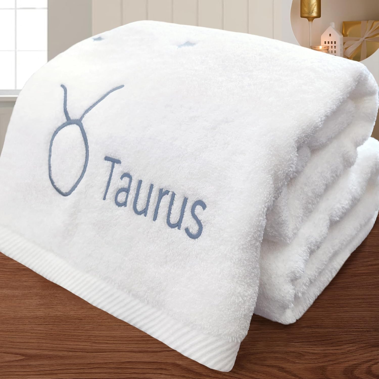 Monogrammed Bath Towels - Zodiac Taurus Design 2PC Set Ivory