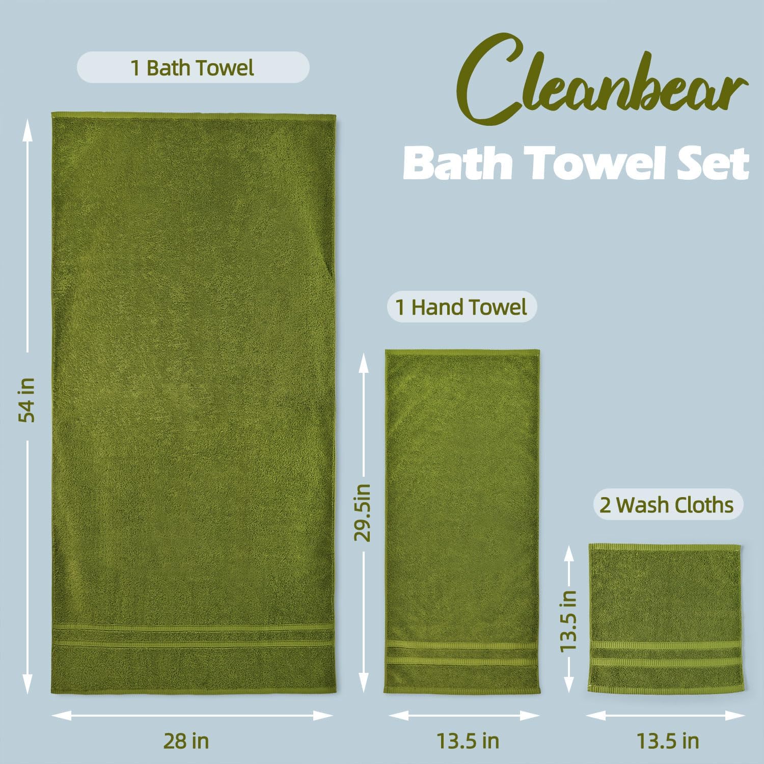 Cleanbear Bathroom Towel Set of 4 - 100 Cotton Moss Green