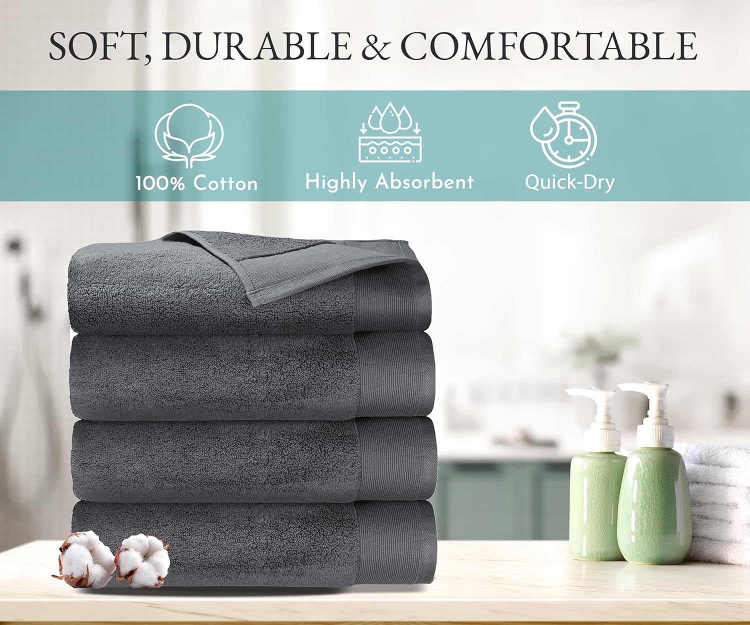 California Design Den 100 Cotton Bath Towel Set of 4 - Grey