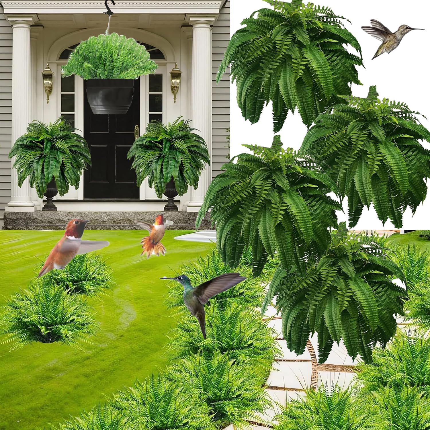 RJDJ Realistic Artificial Boston Ferns 4PCS UV Resistant