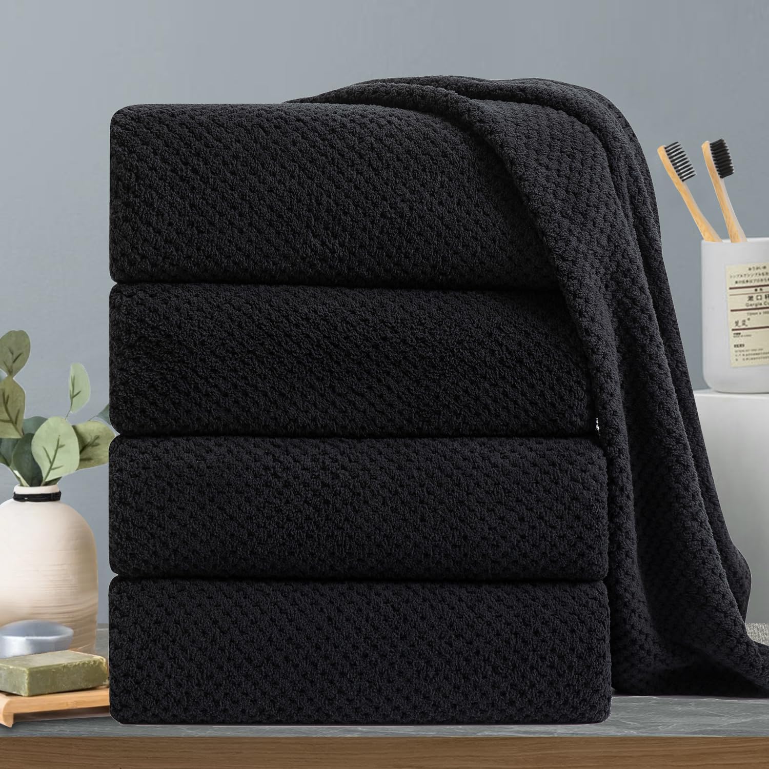 Hailea 4-Pack Black Bath Towels Set 35x70 Inches