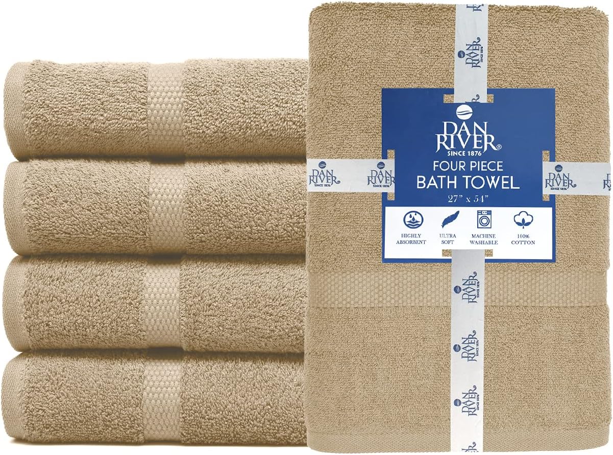 DAN RIVER 100 Cotton Bath Towels 27x54 Inches 4-Pack Tan
