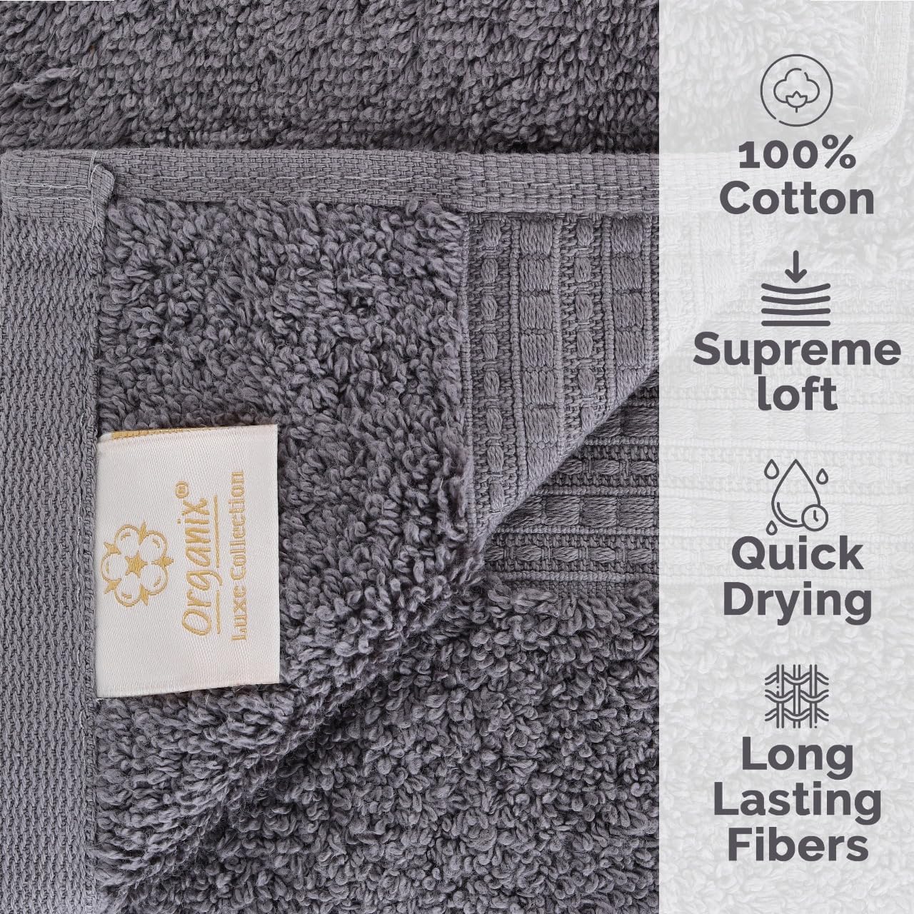 Organix Luxury 4 Pack Bath Towels Dark Grey 30x60 Inches