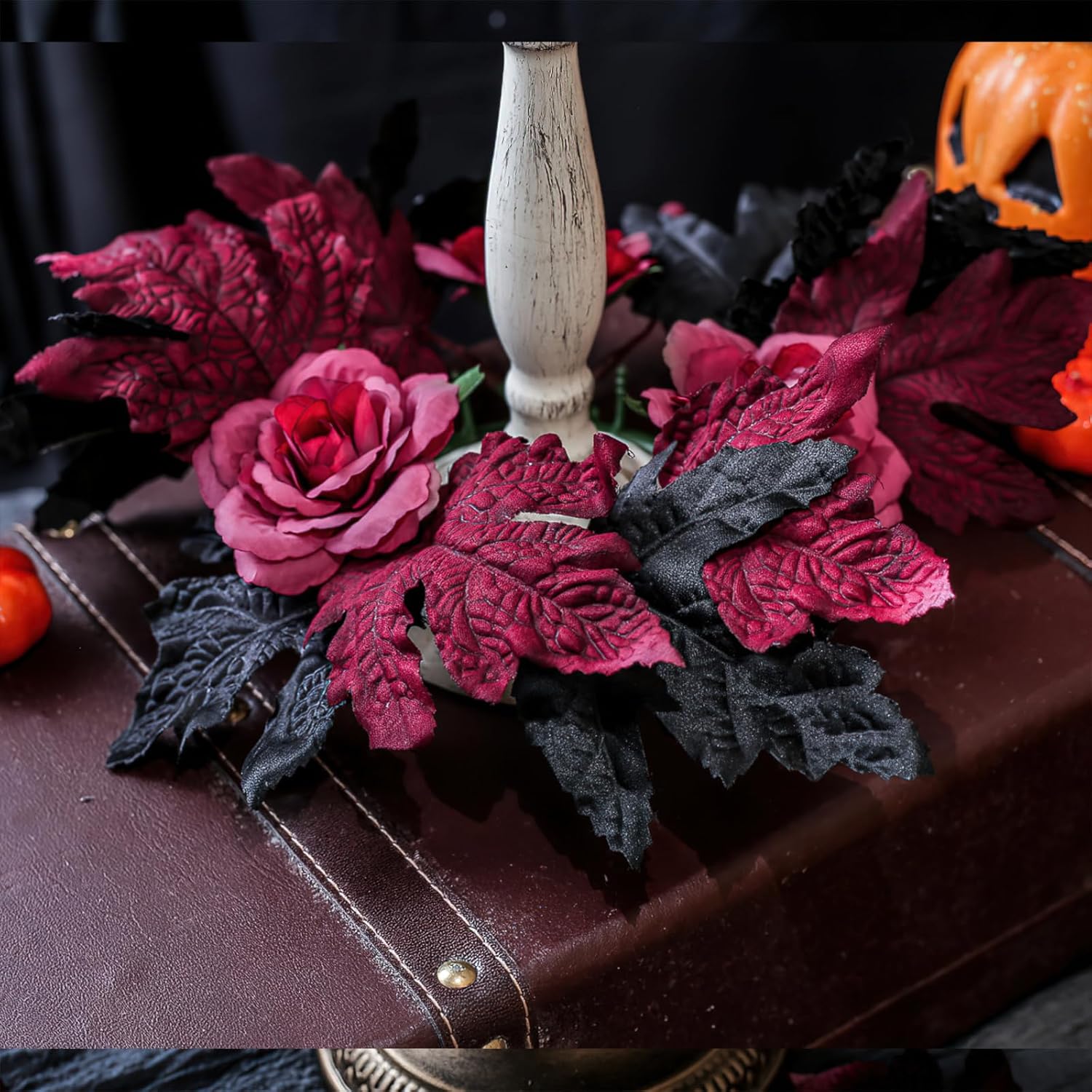 Halloween Candle Wreath Holder with Maple Leaves and Roses