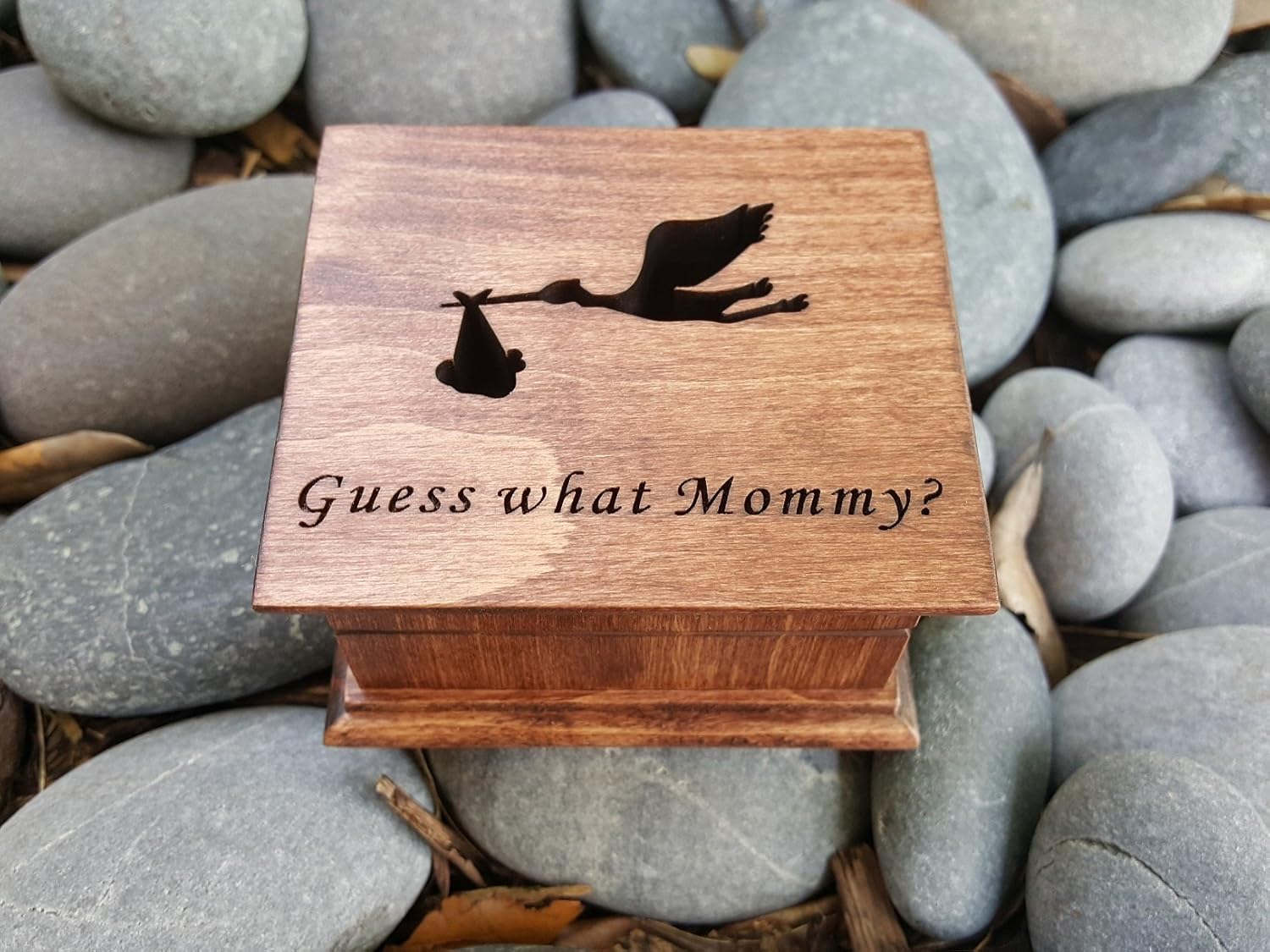 Custom Engraved Music Box with Stork and Baby