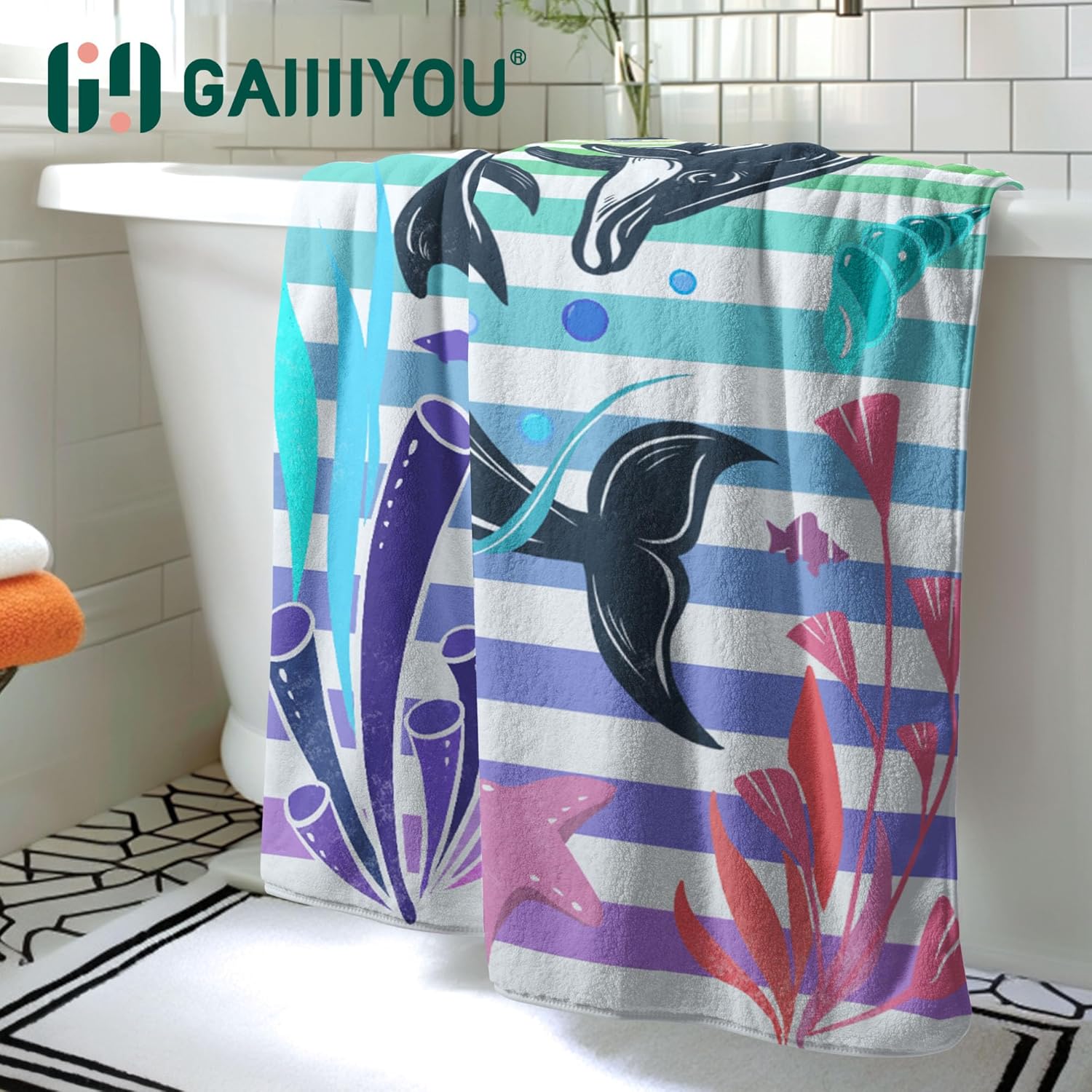 Colorful Stripes Cartoon Dolphin Microfiber Bath Towel