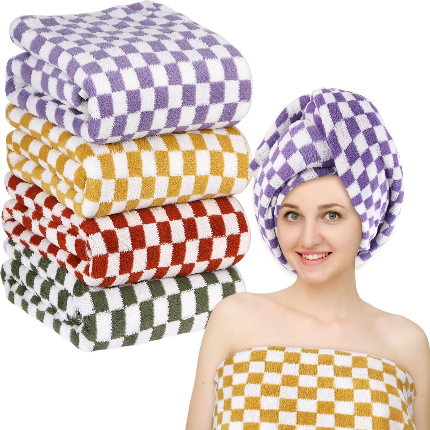 4 Pcs Checkered Bath Towels for Summer Pool Hotel Spa