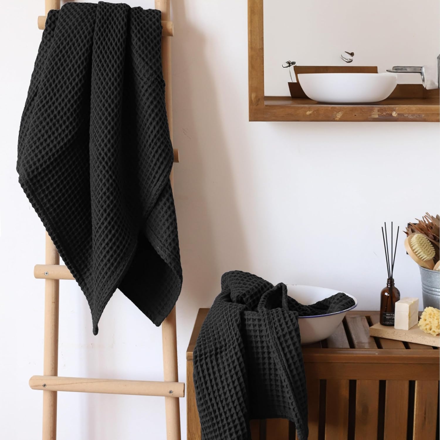 Viva Maison Black Waffle Bath Towels Set of 2