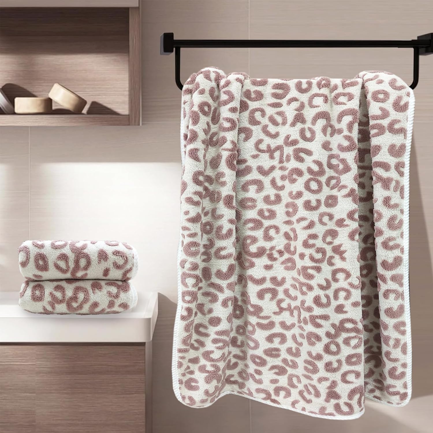 USTIDE Light Purple Leopard Print Bathtowel Set 3 Pieces