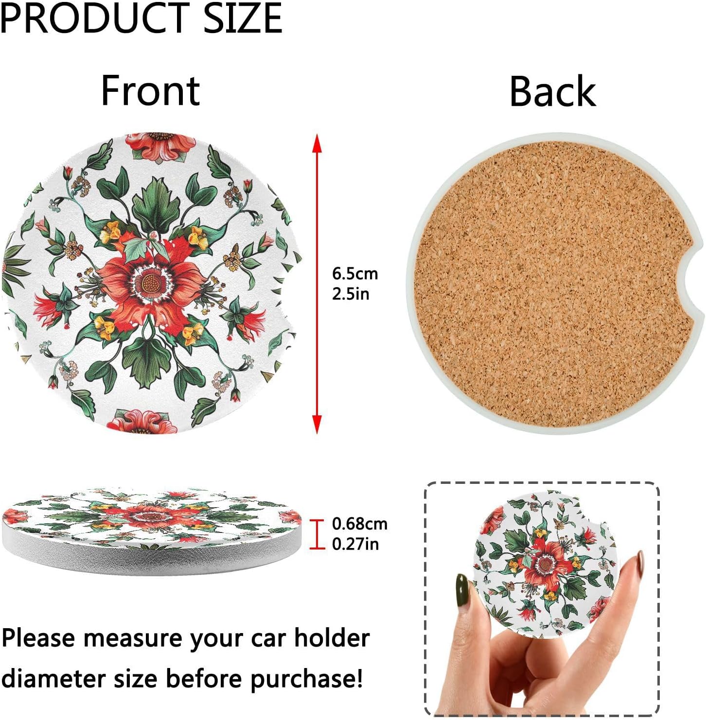 Vintage Red Flowers Car Coasters 2 Pack