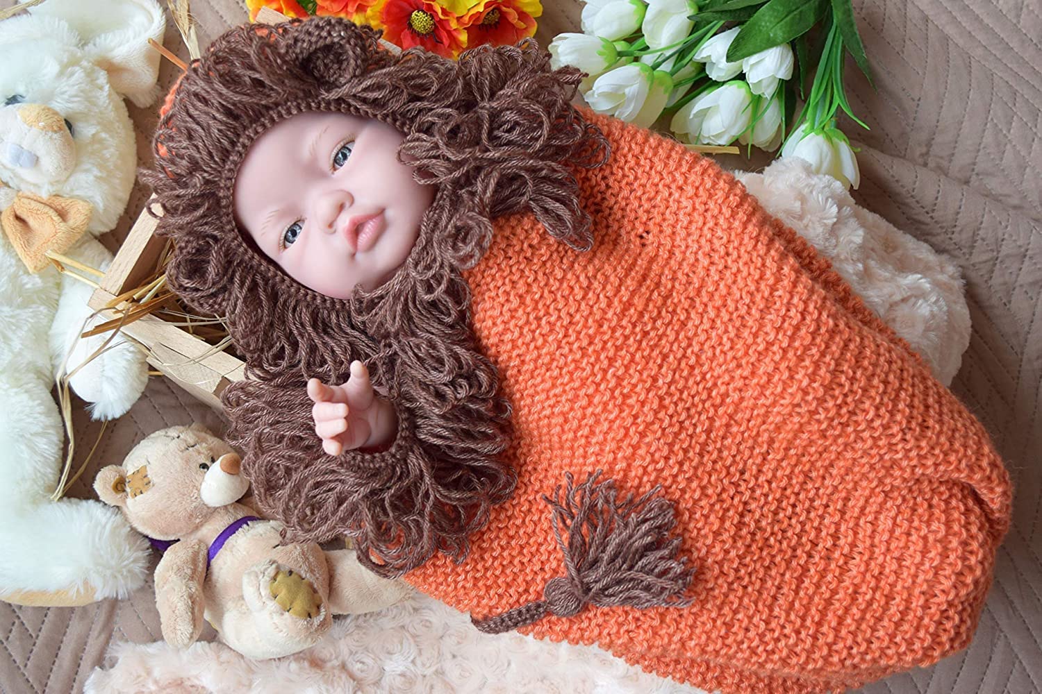 Handmade Lion Hat and Cocoon Knit Snuggle Baby Sleeping Bag