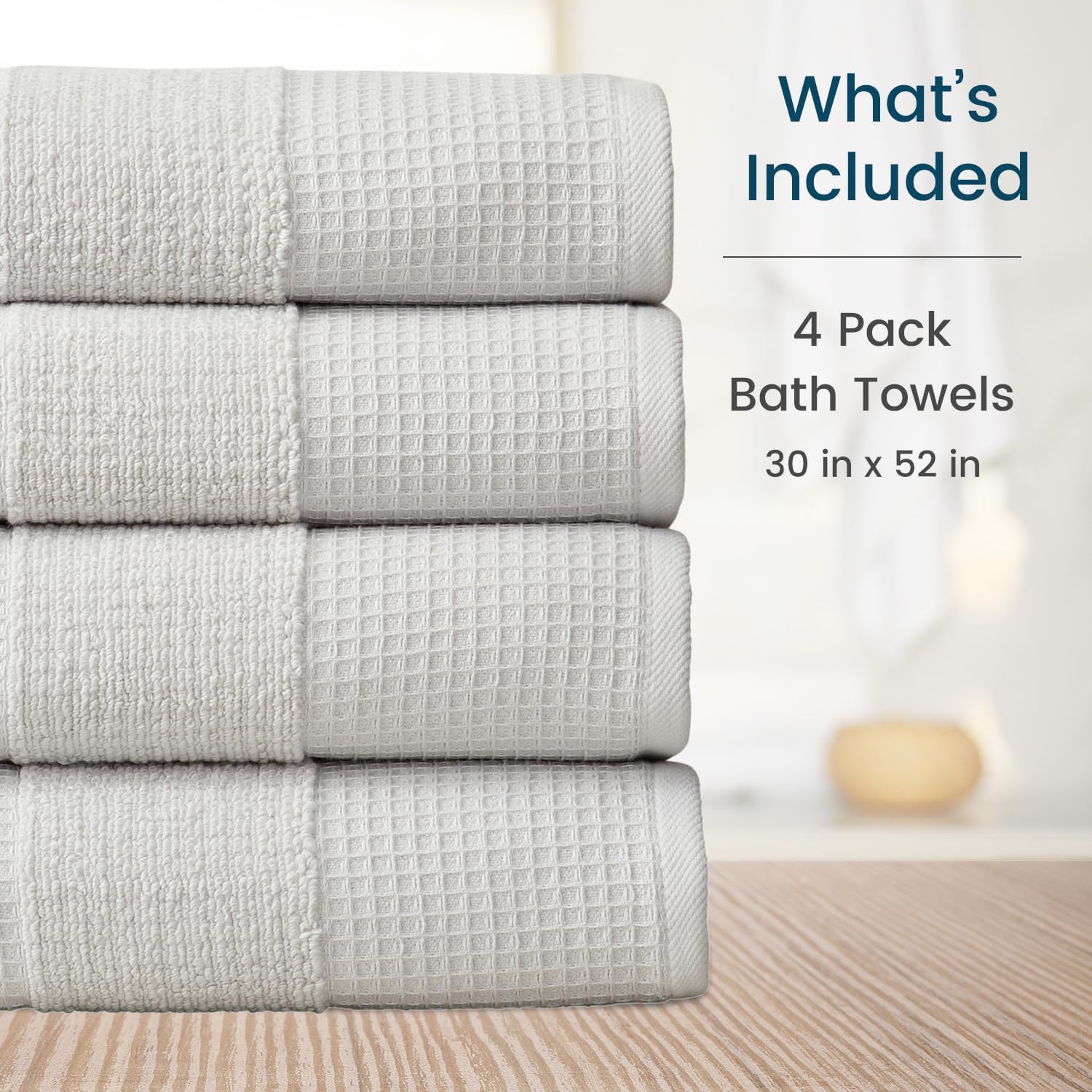 Aire Raine 4 Pack Cotton Waffle Bath Towels - Light Grey