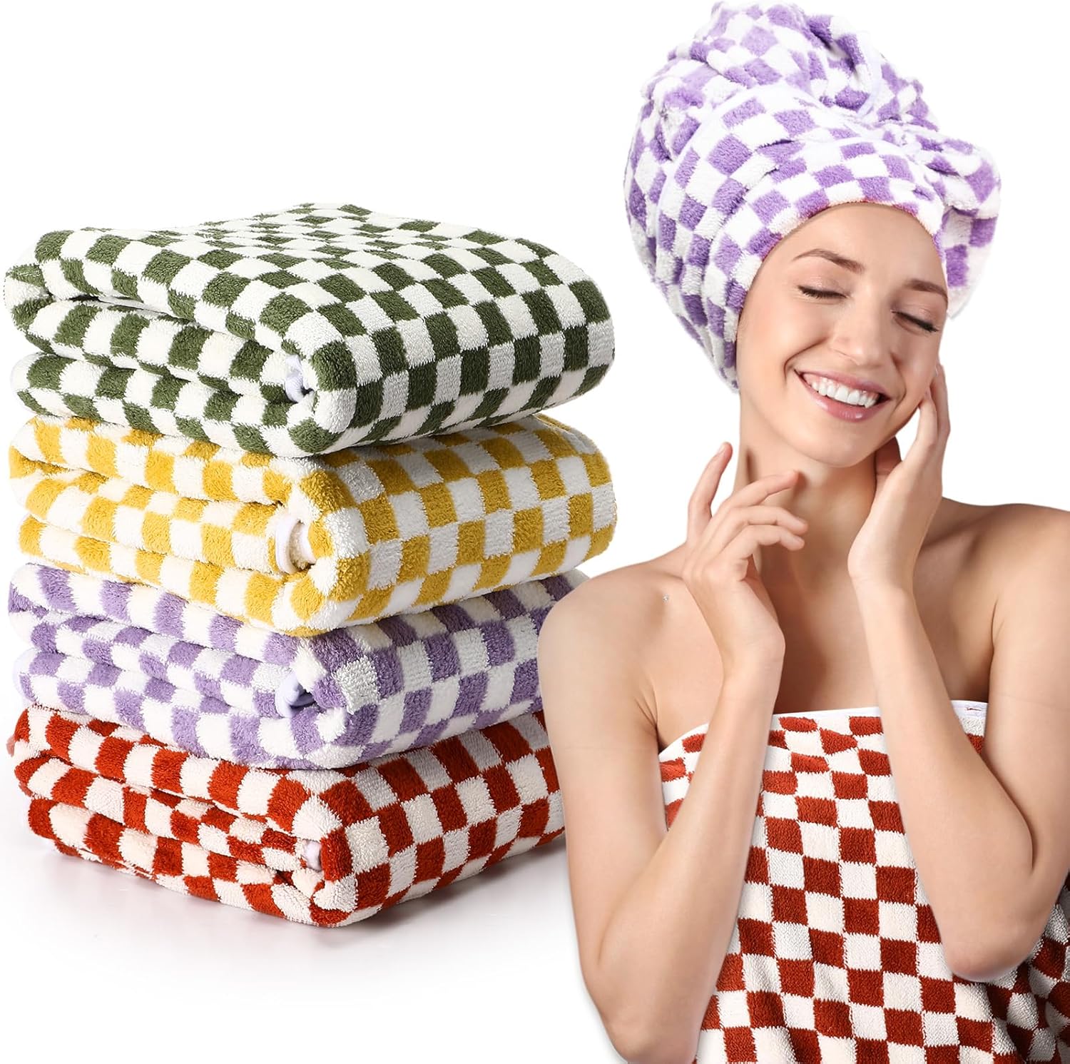 Peryiter 4 Pcs Checkered Bath Towel Set