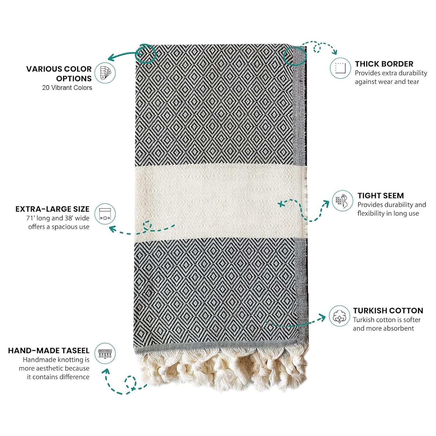 Turkish Cotton Beach Towel - Lightweight Soft and Travel Friendly