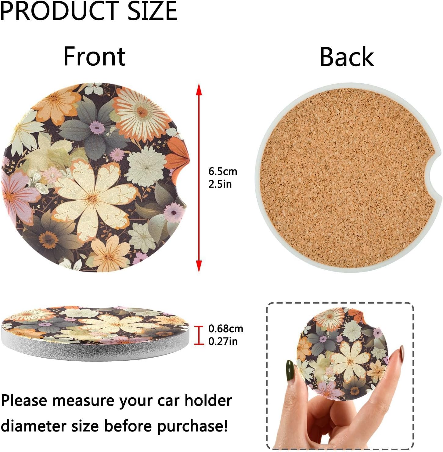 Retro Flowers Car Coasters 2 Pack - Ceramic Cork Base