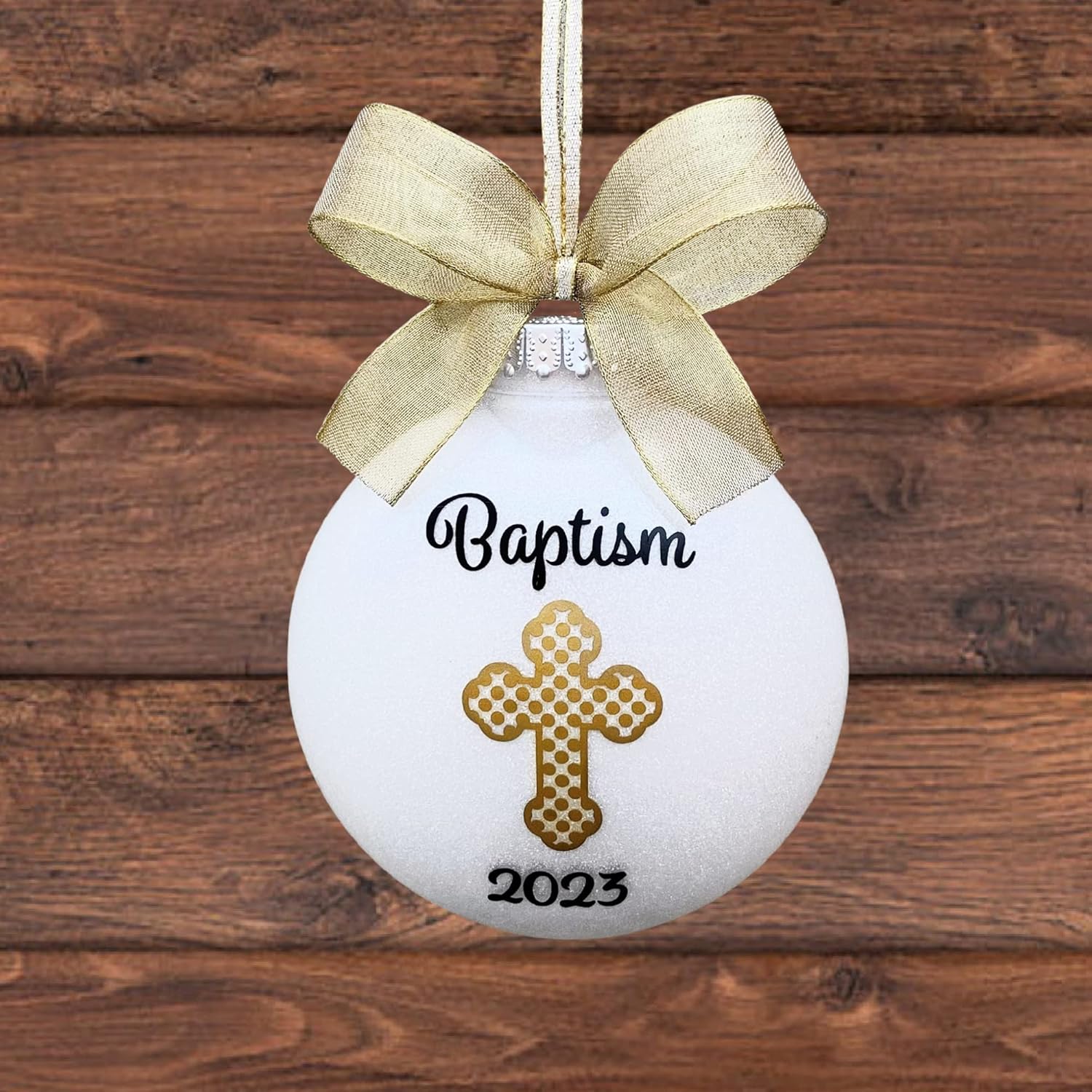 Personalized Baptism Ornament with Gold Bow 1