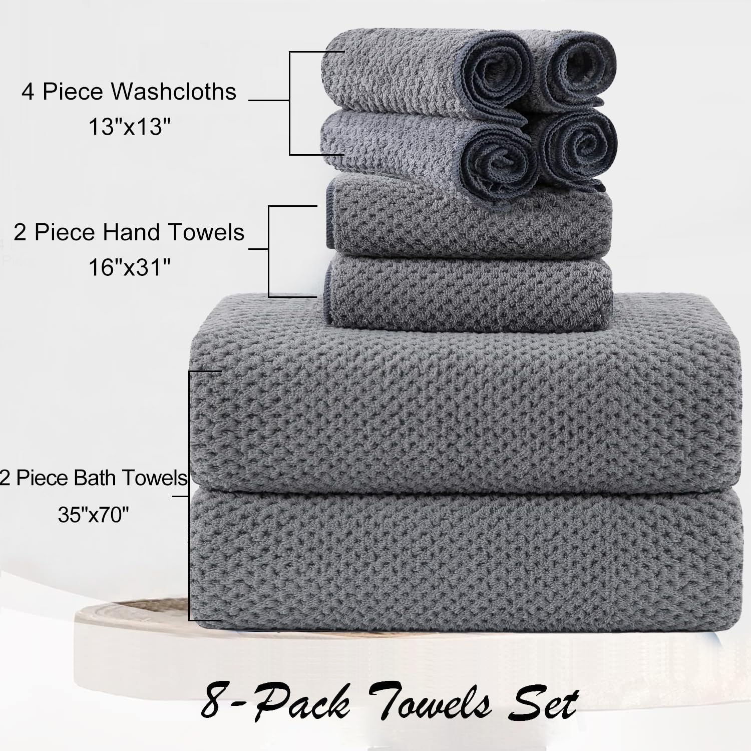 8 Piece Grey Family Bath Towel Set with Hanging Loops
