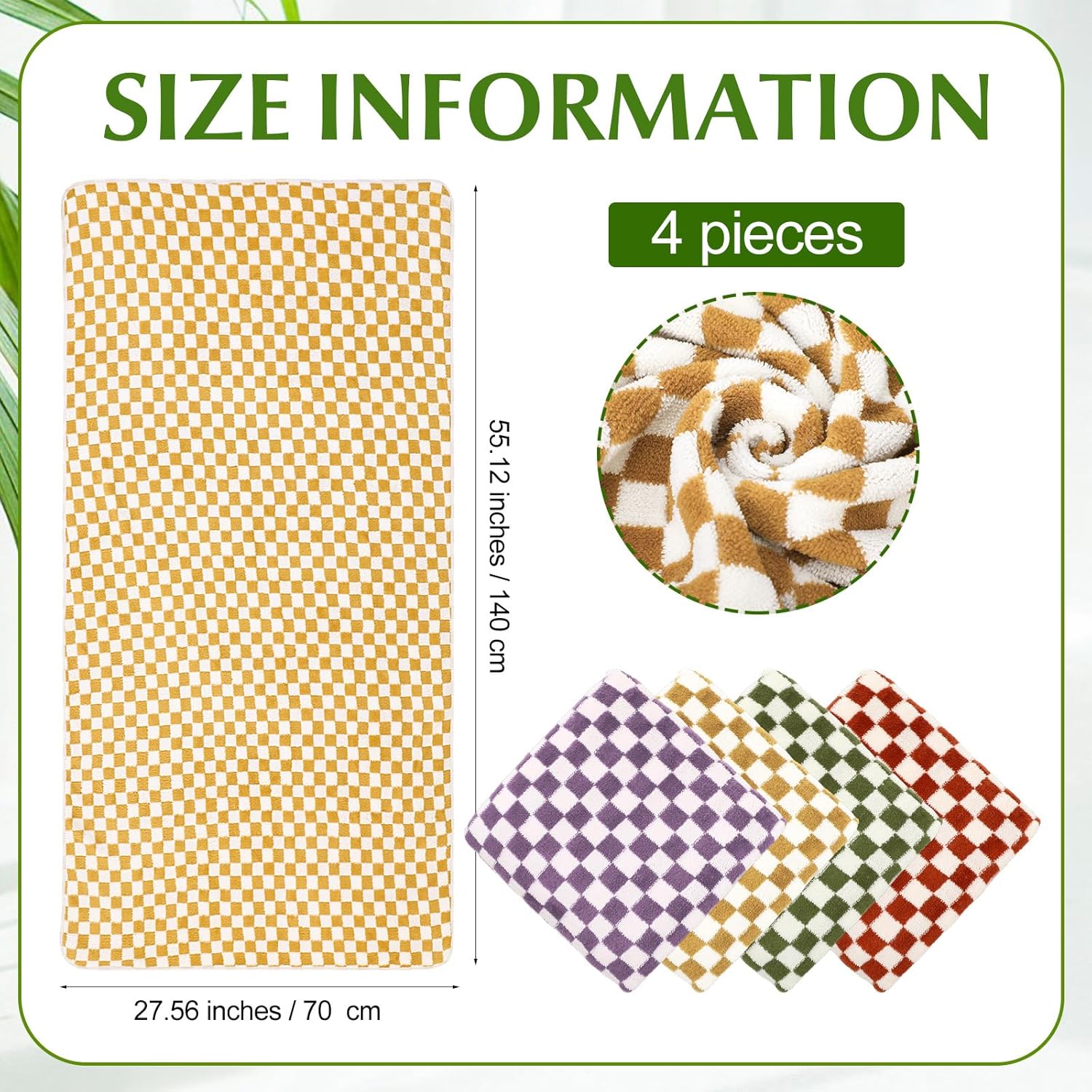 4 Pcs Checkered Bath Towels for Summer Pool Hotel Spa